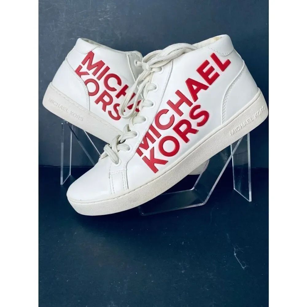 🛍️Michael Kors White Sneakers with Red Logo Mid-High-Tops - Picture 4 of 16